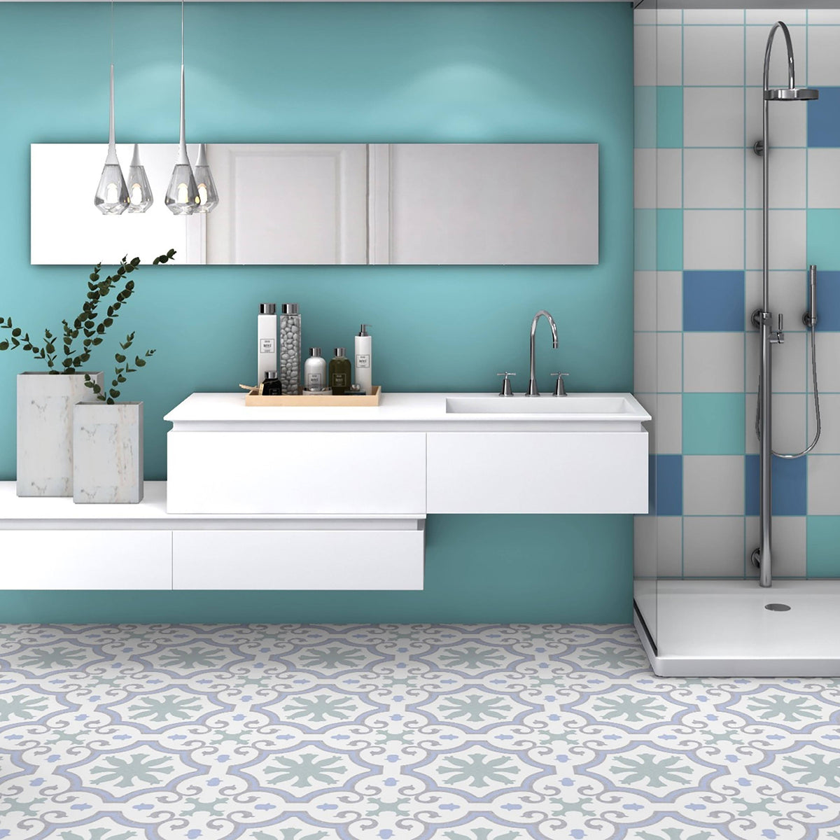 Aqua Encaustic Porcelain Floor and Wall Tile D2373