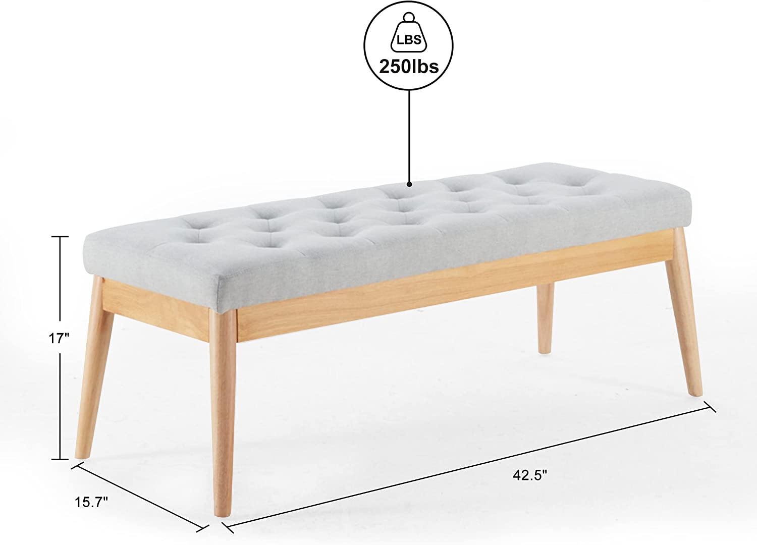 Grey Upholstered Tufted Wood Bench R555