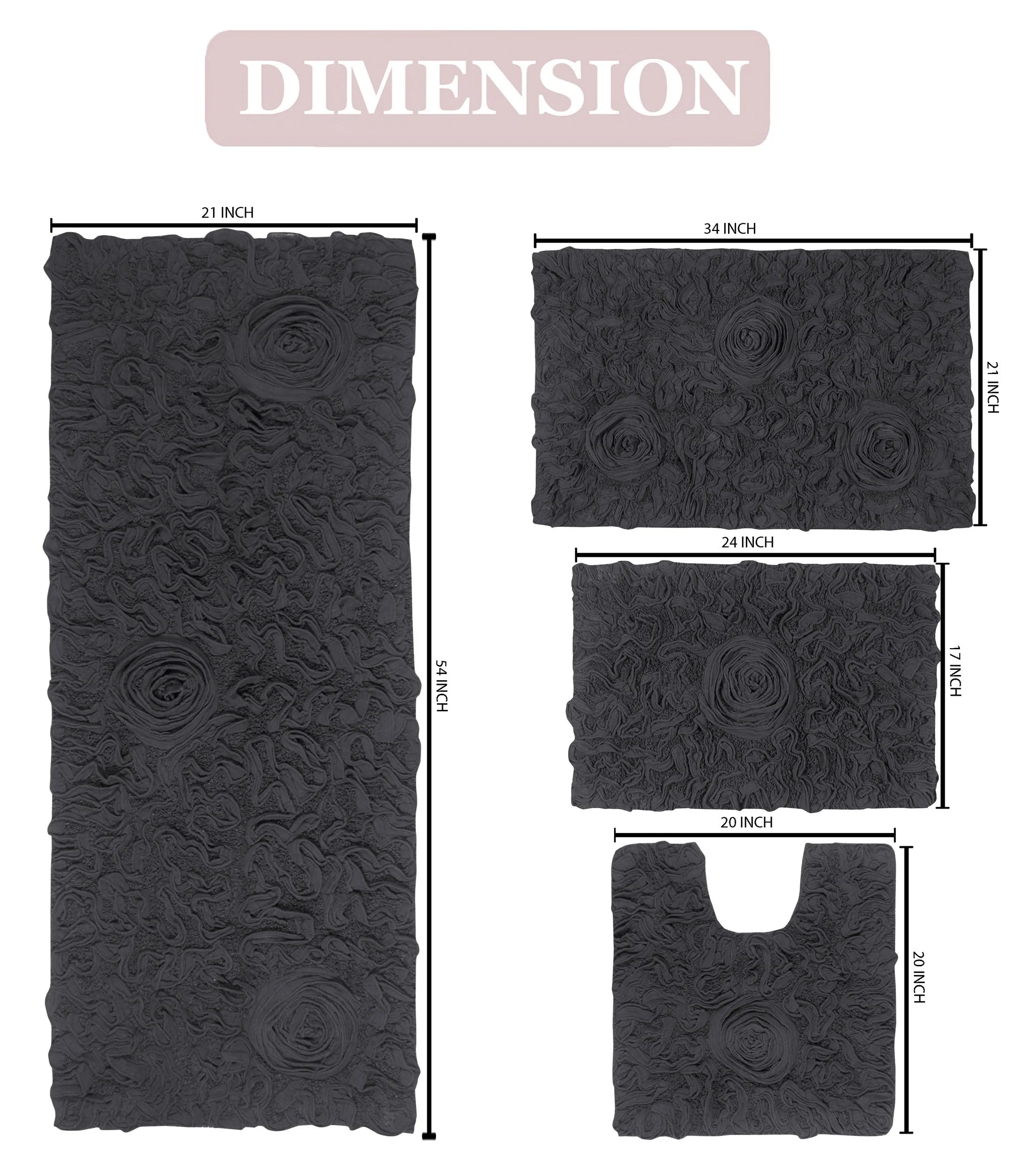 100% Cotton Non-Slip Bathroom Rug Set, 4 Piece Bath Mat Set with Contour Grey D78476