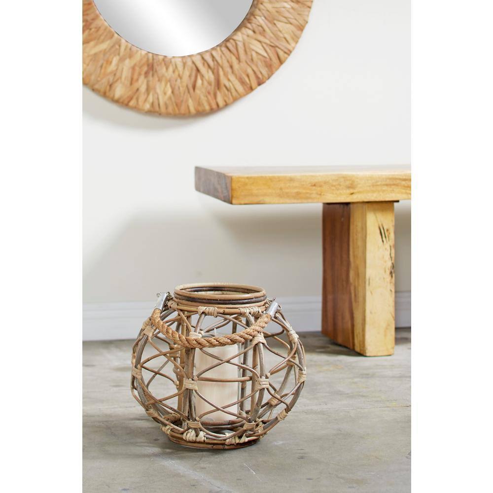 Round Brown Woven Rattan Lantern Candle with Glass Insert V16904