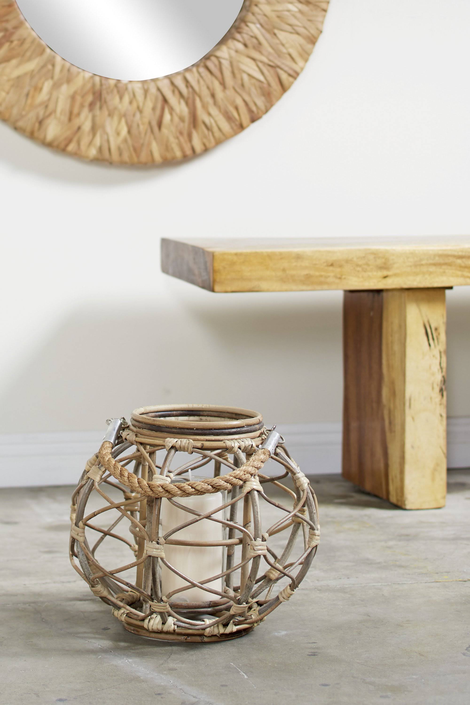 Round Brown Woven Rattan Lantern Candle with Glass Insert V16904