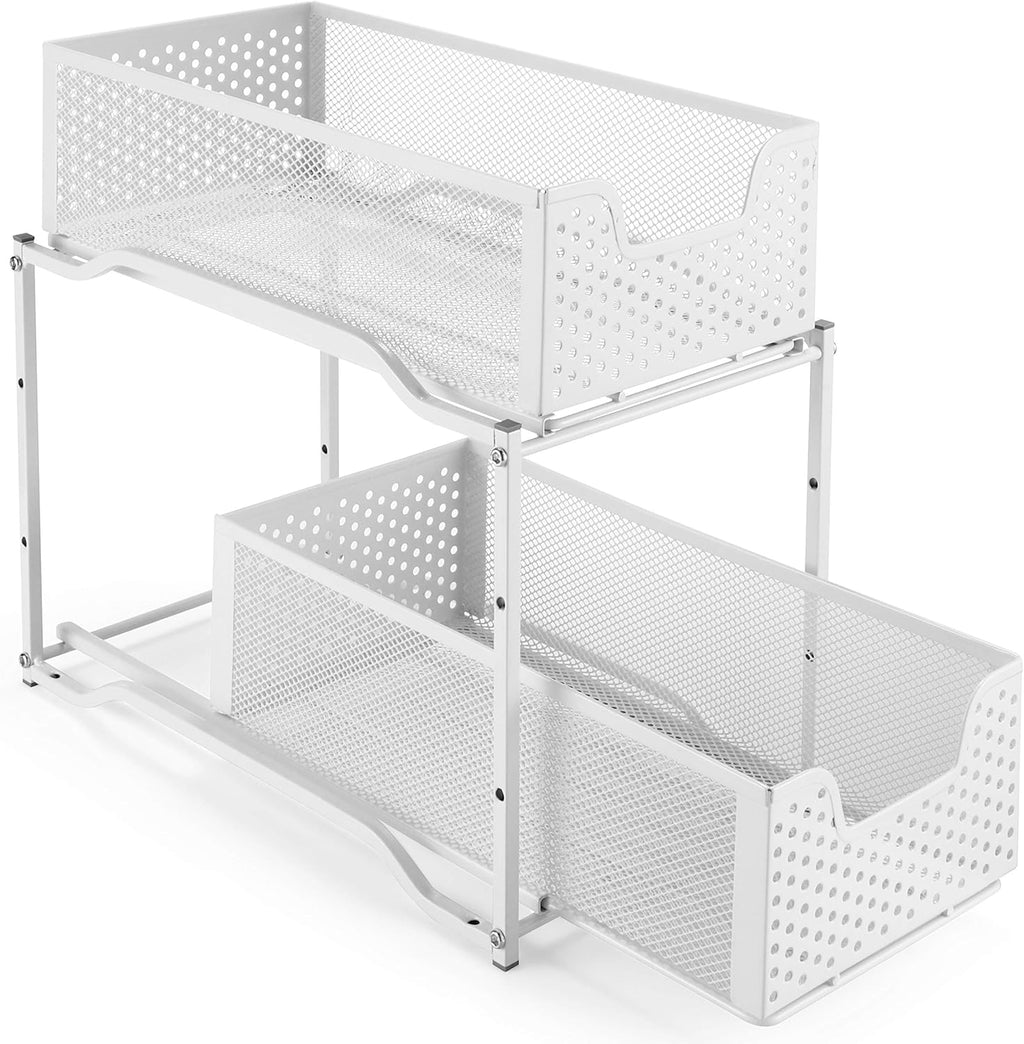White 2-Tier Under Sink Cabinet Organizer with Sliding Storage Drawer R8327