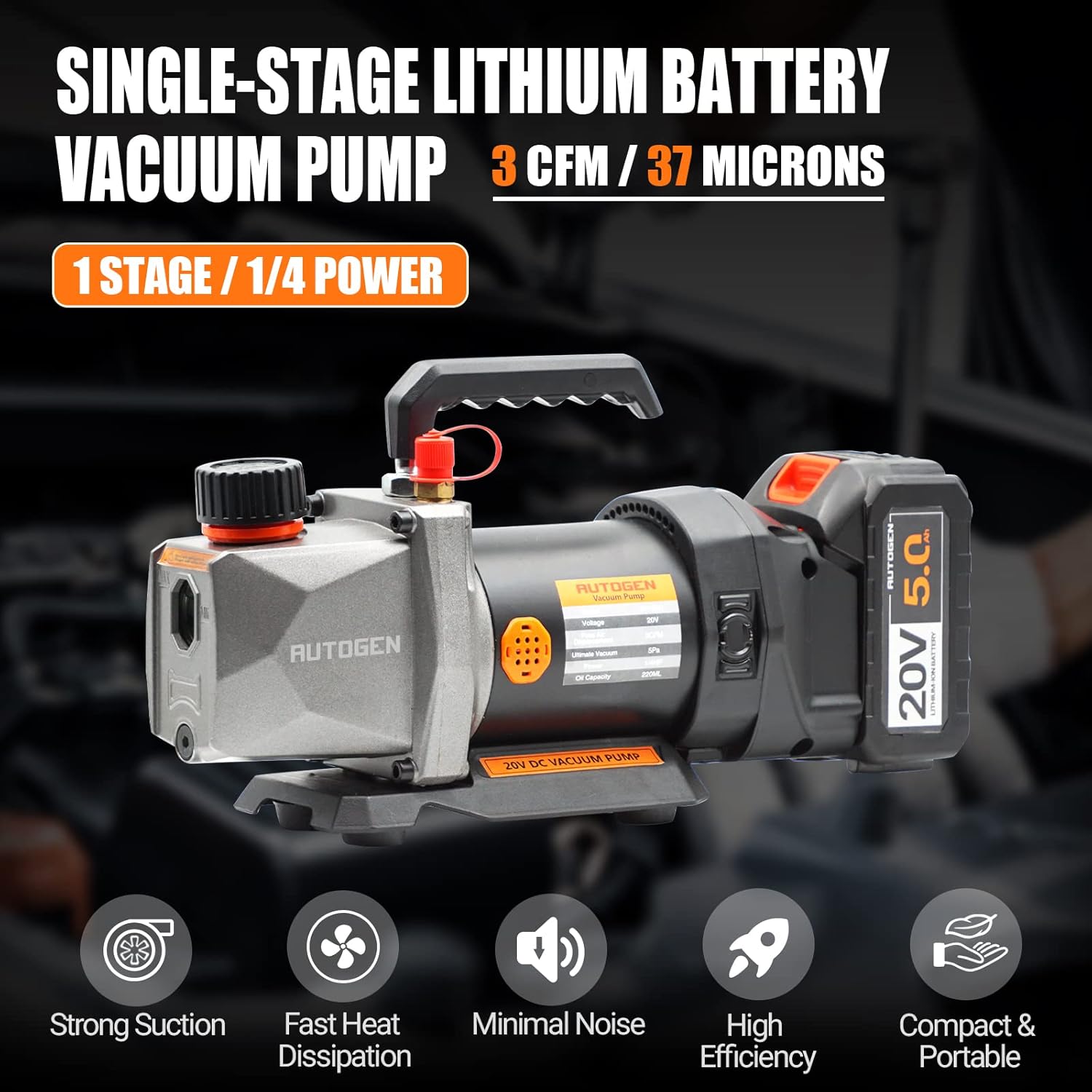 Single-Stage Vacuum Pump 3CFM 20V Lithium Battery DC Inverter 60 microns 1/4HP K288322