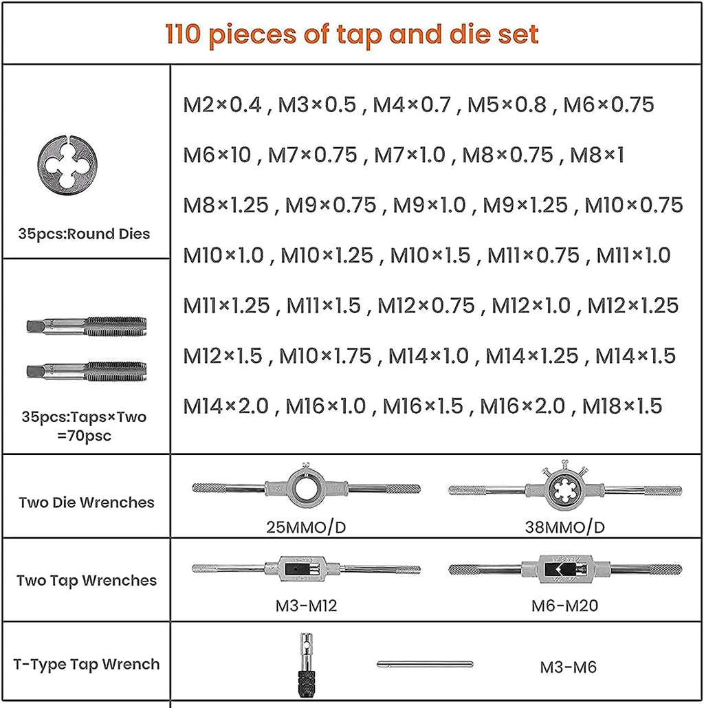 110PCS Hardened Alloy Steel Metric Tap and Die Rethreading Tool Set with Storage Case F500