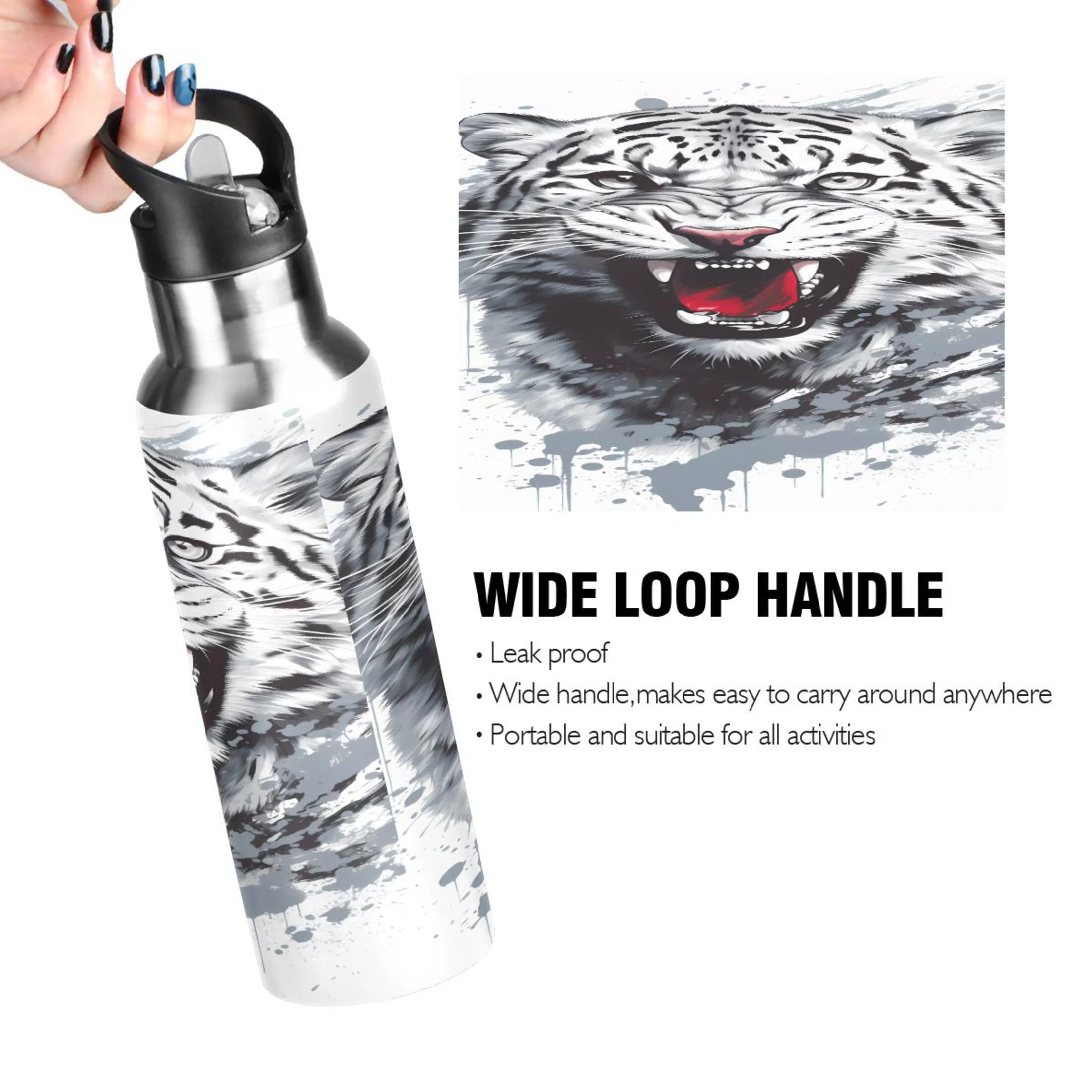 Black and White Stainless Steel Insulated Water Bottle with Straw Lid I9207