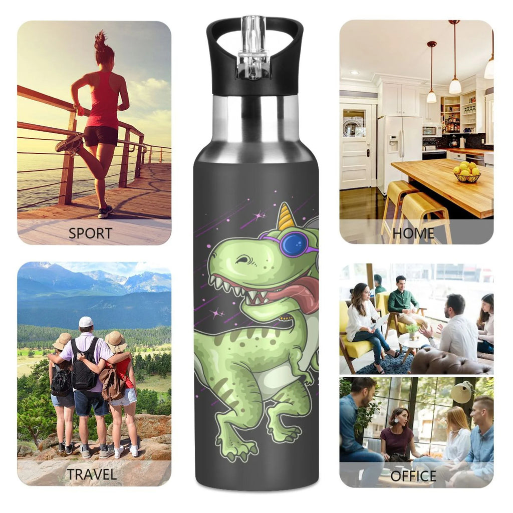 Green Dinosaur Black Stainless Steel Insulated Water Bottle with Straw Lid N513943