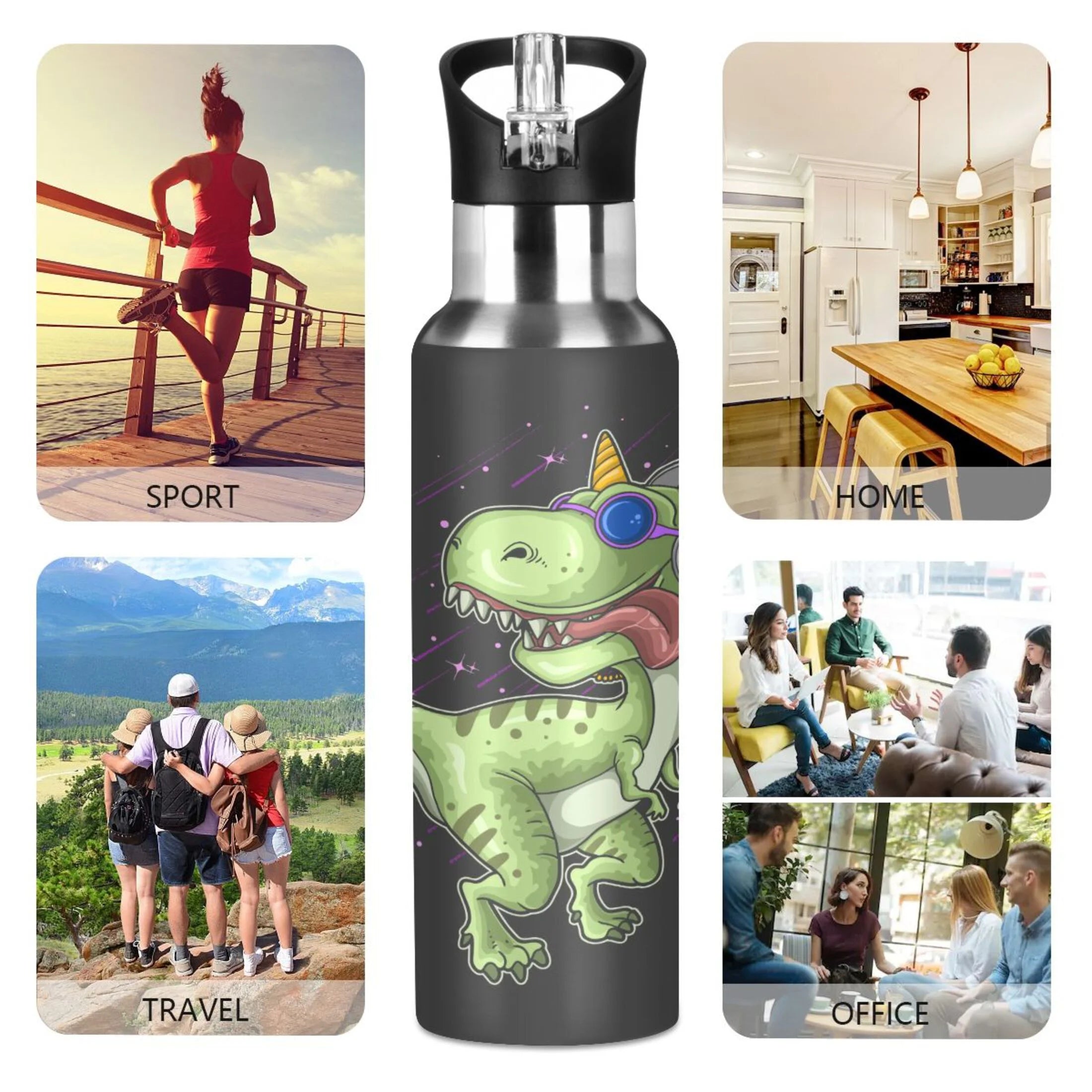 Green Dinosaur Black Stainless Steel Insulated Water Bottle with Straw Lid N513943