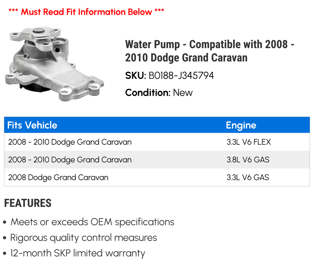 Water Pump for 2008-2010 Dodge Grand Caravan C79509