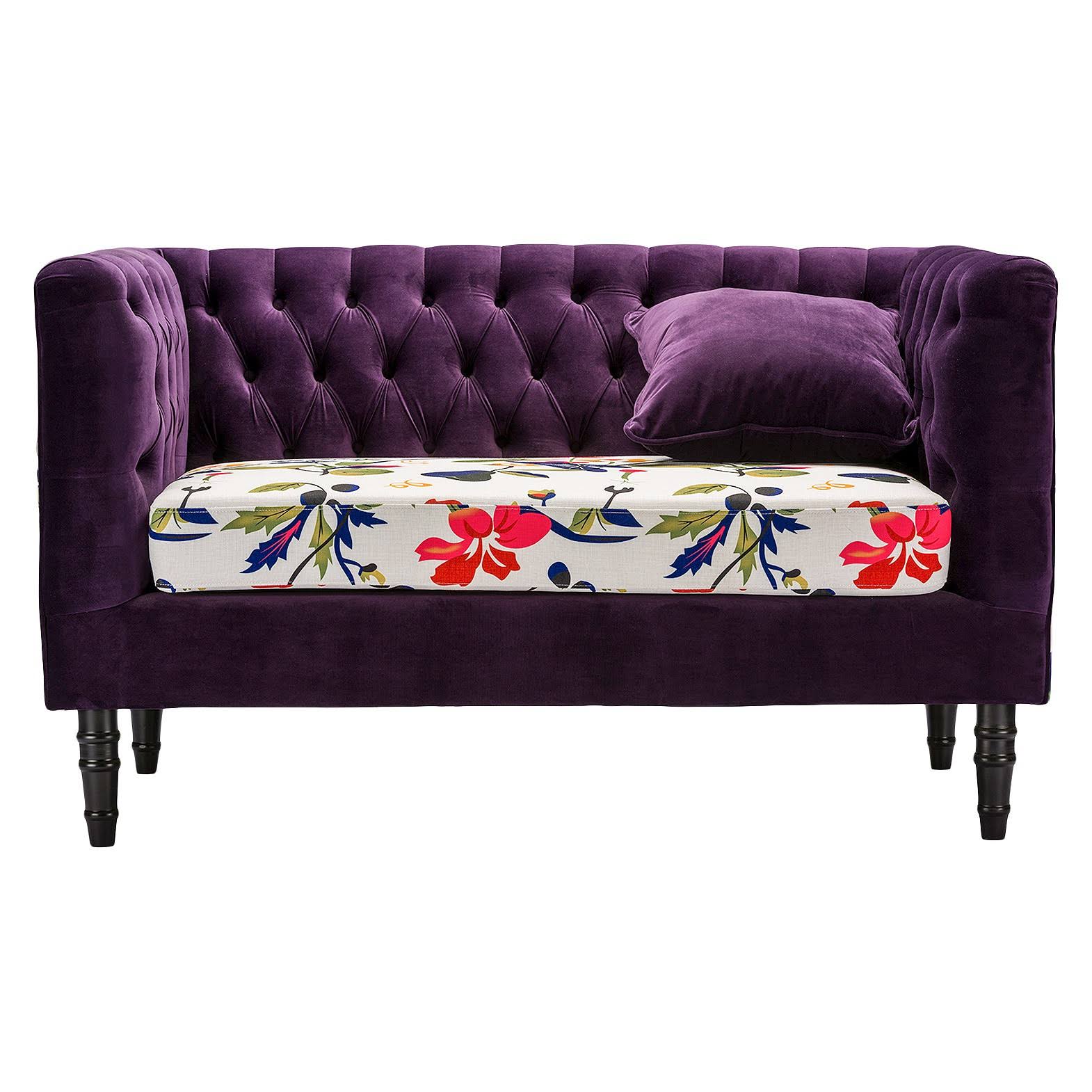 Purple Velvet and Beige Linen Floral Loveseat D4474