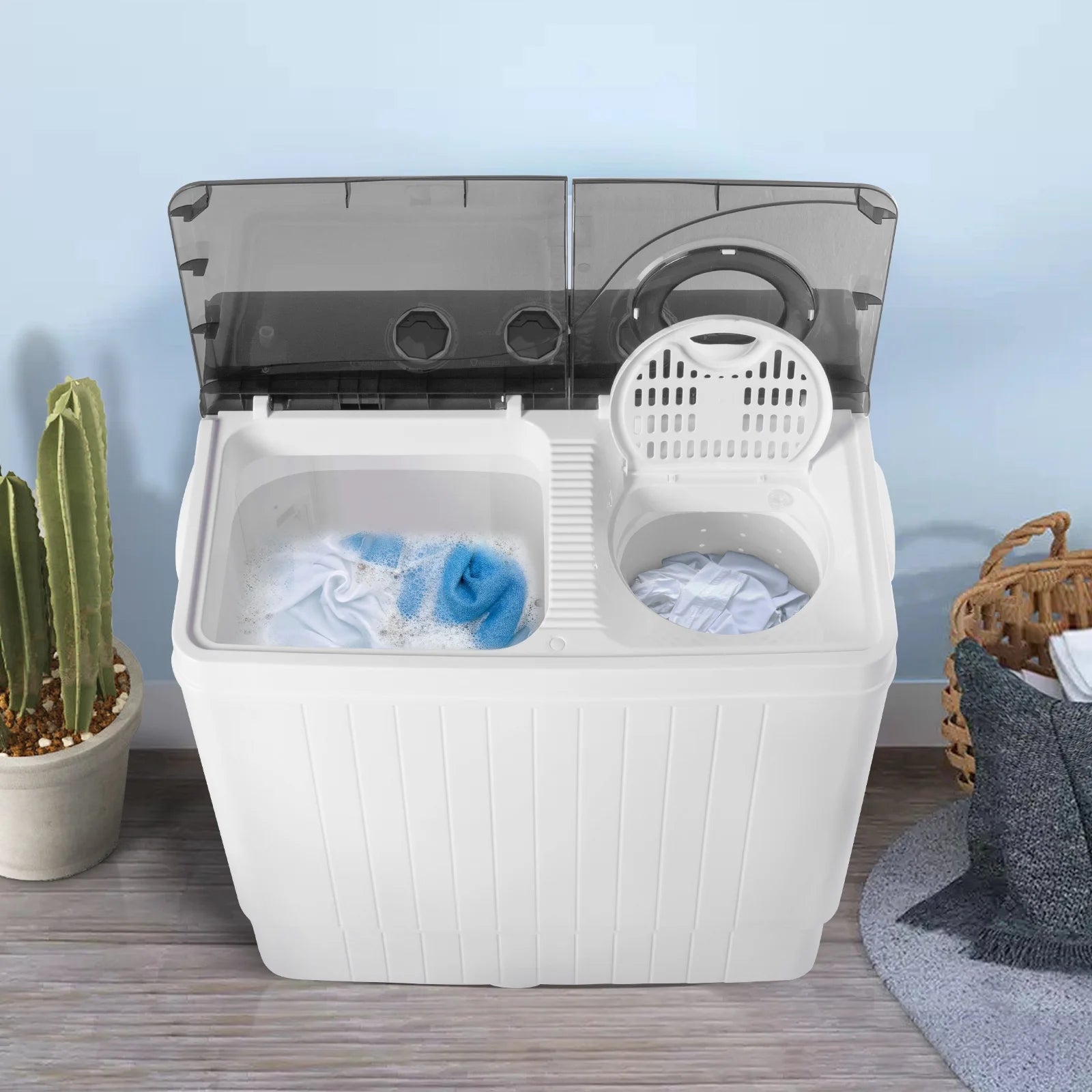 Semi-automatic Twin Tub Washing Machine with Built-in Drain Pump, White&Black W2356
