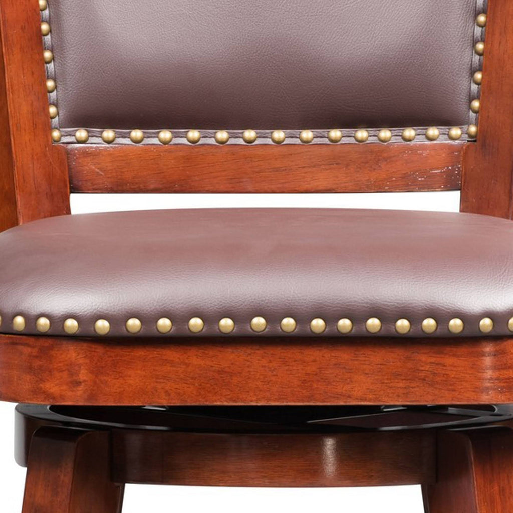 Cherry Brown Swivel Bar Stool with Curved Padded Back and Nailhead Trim N85886