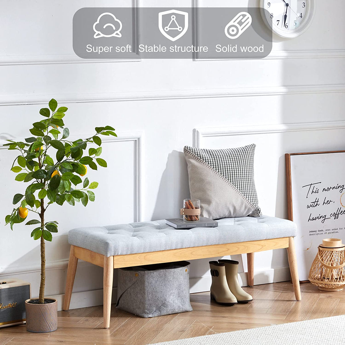 Grey Upholstered Tufted Wood Bench R555