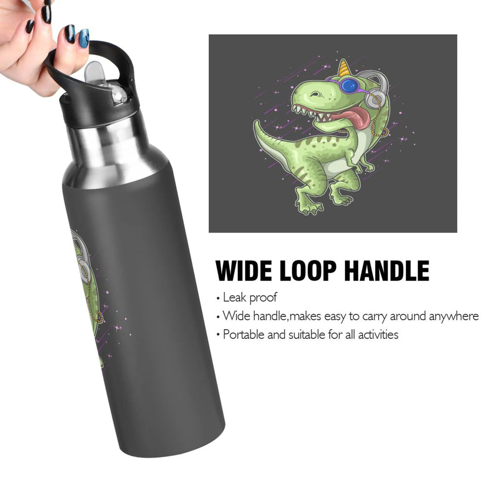 Green Dinosaur Black Stainless Steel Insulated Water Bottle with Straw Lid N513943