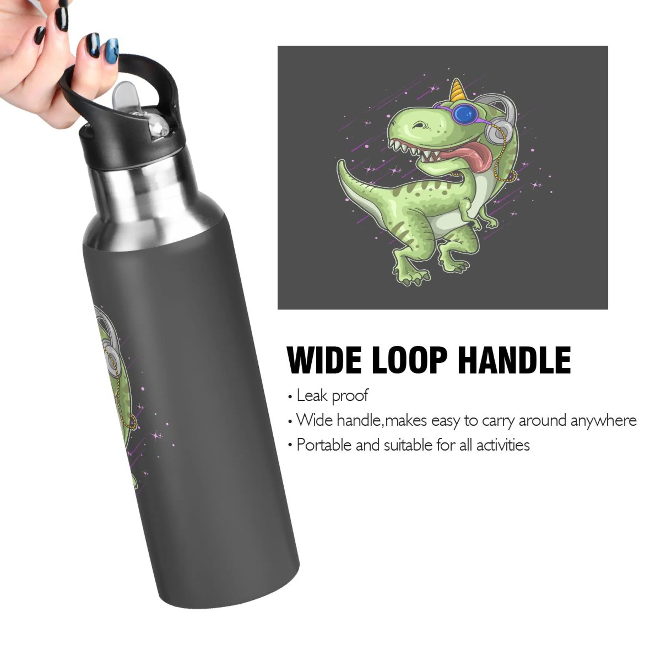 Green Dinosaur Black Stainless Steel Insulated Water Bottle with Straw Lid N513943