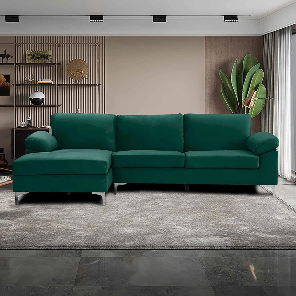 Large Green 3 Seats Velvet Sectional Sofa L-Shape Couch Q2637