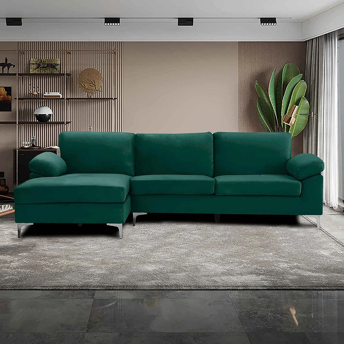 Large Green 3 Seats Velvet Sectional Sofa L-Shape Couch Q2637