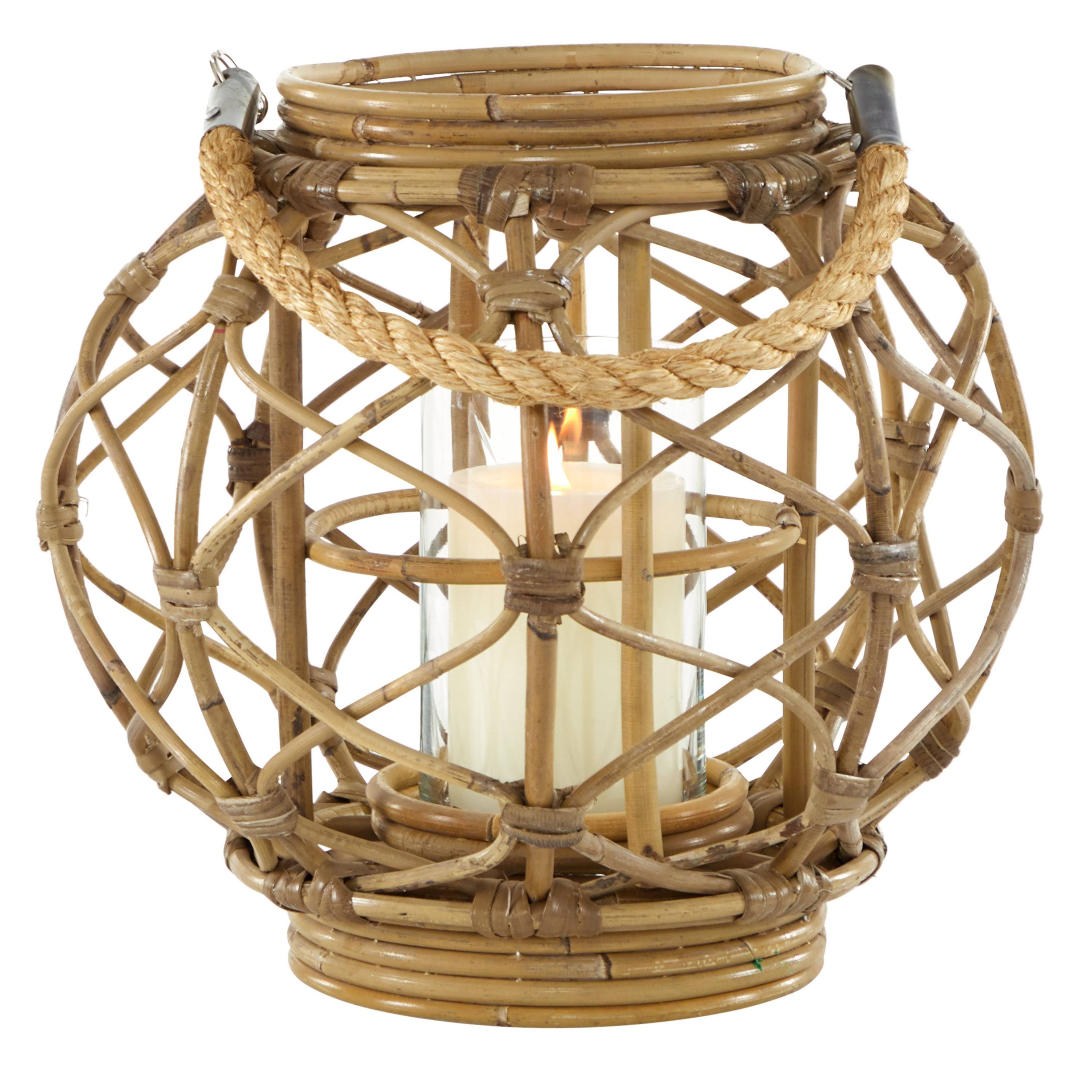 Round Brown Woven Rattan Lantern Candle with Glass Insert V16904