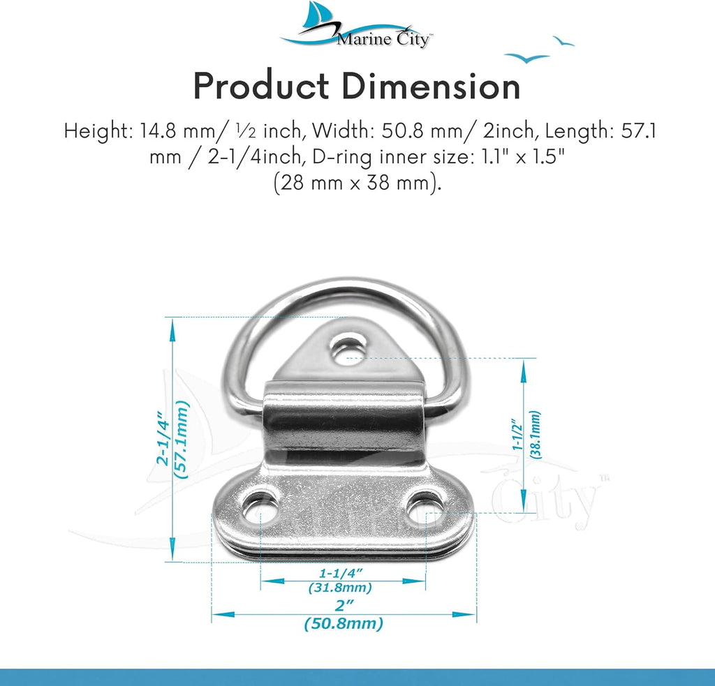 Stainless-Steel D-Shape Folding Pad Eye for Boat Yacht Motorboat Van Caravan Trailers Truck Marine Grade (2 Inches ×2-1/4 Inches) (2 PCS) B294