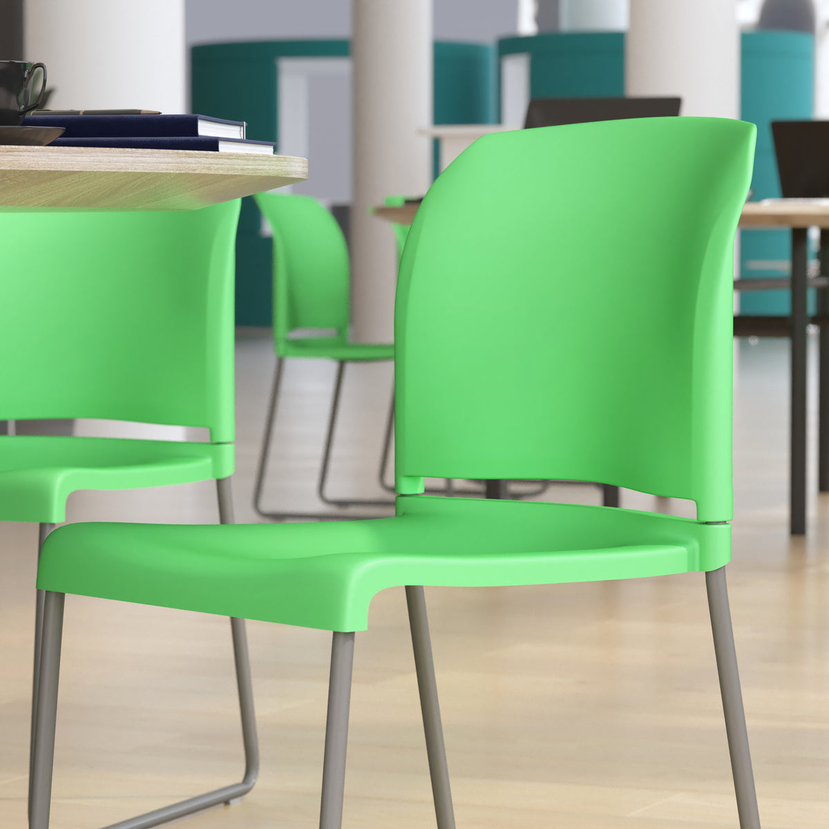 Green Full Back Contoured Stack Chair with Gray Sled Base L4348