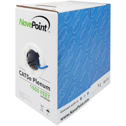 Cat5e Plenum Bulk Ethernet Cable, 1000ft, Blue, Solid Bare Copper, 24AWG 4 Pair, Unshielded Twisted Pair U374