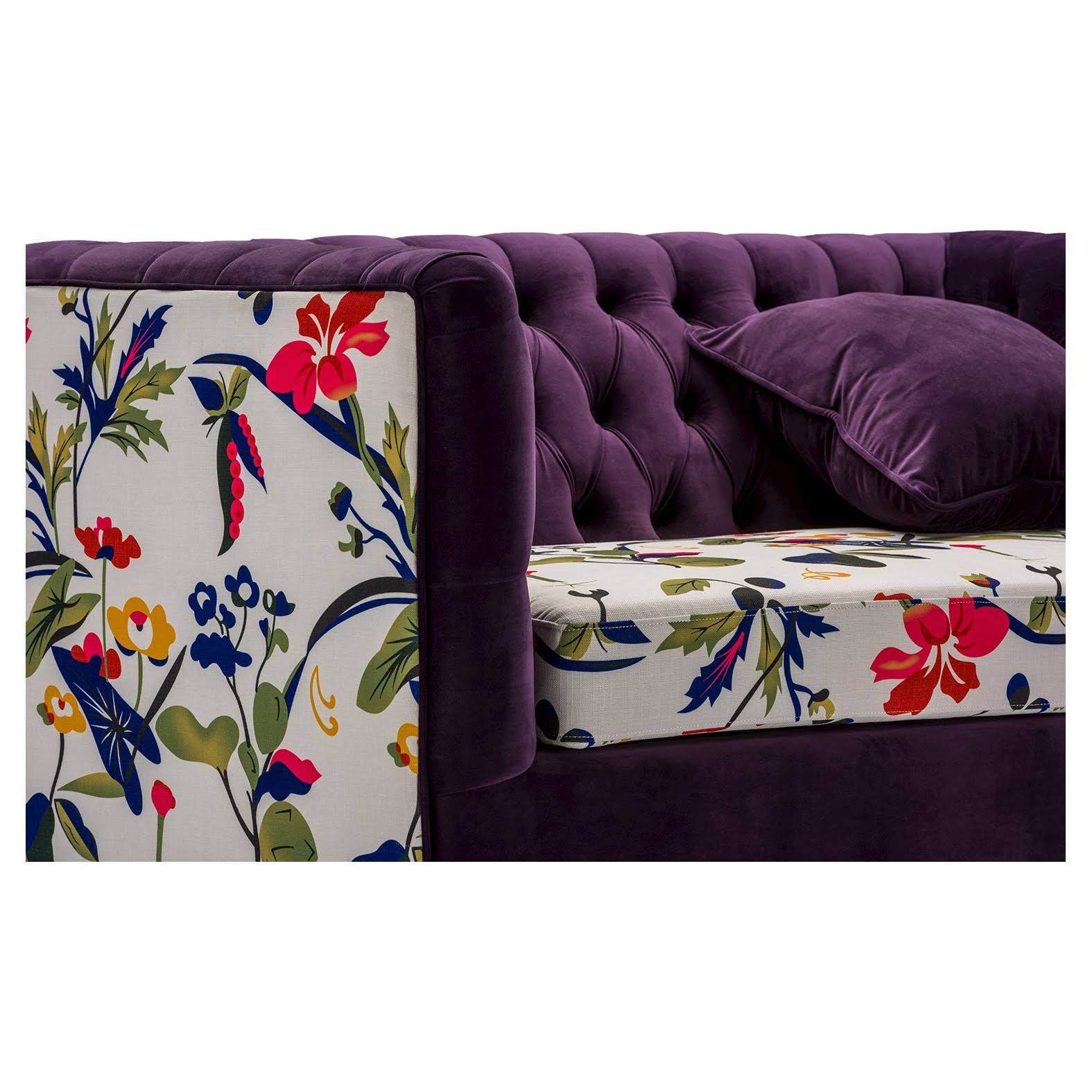 Purple Velvet and Beige Linen Floral Loveseat D4474