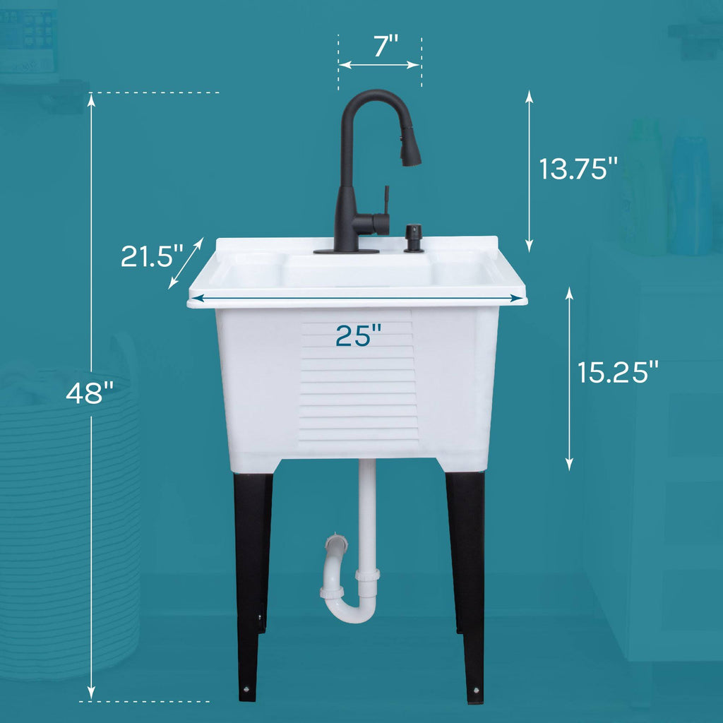 White Utility Sink with Black Pull-Down Faucet 18 Gallon C925