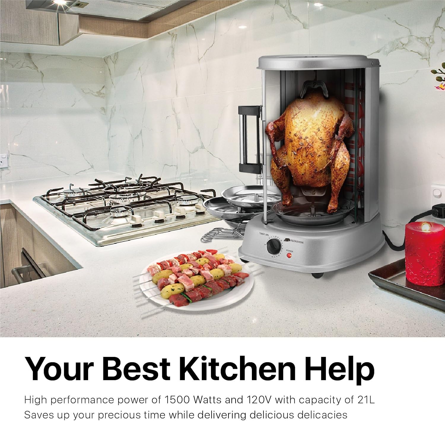 Stainless Steel Countertop Rotisserie Oven with Bake Ware Skewers T871