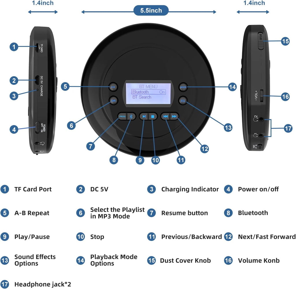 Pack of 2 Portable Bluetooth CD Player with Dual Headphone Jack R320