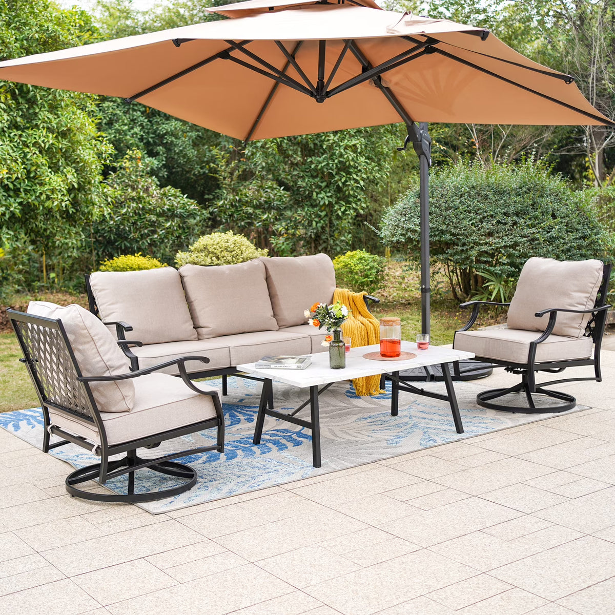 Beige 5-Seat Outdoor Patio Conversation Sofa Set W65008