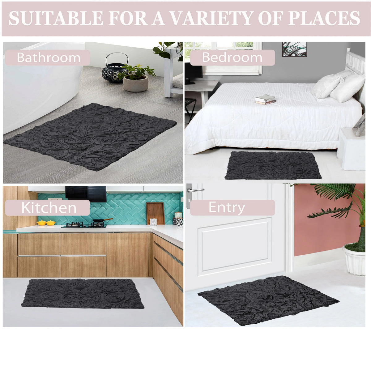 100% Cotton Non-Slip Bathroom Rug Set, 4 Piece Bath Mat Set with Contour Grey D78476