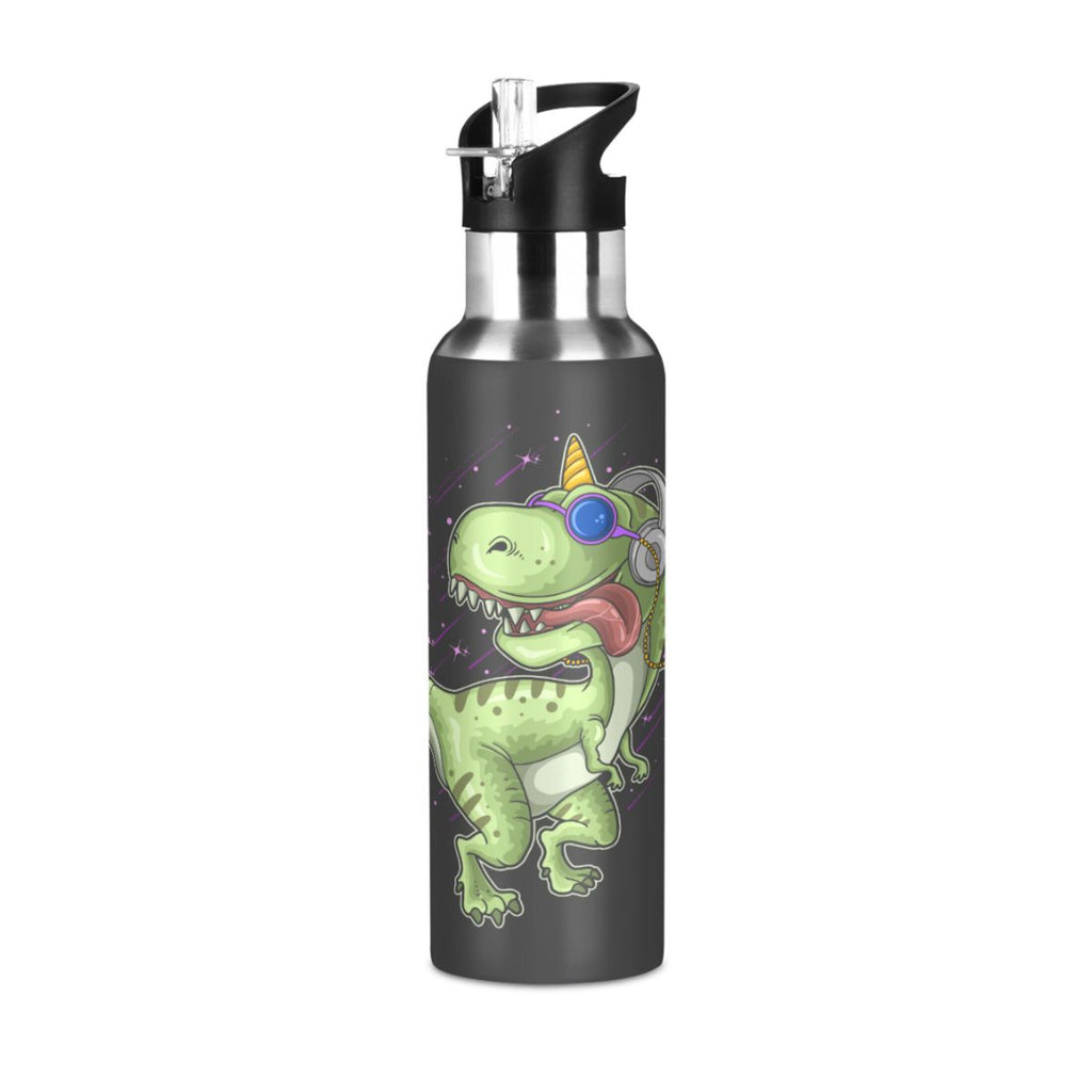 Green Dinosaur Black Stainless Steel Insulated Water Bottle with Straw Lid N513943