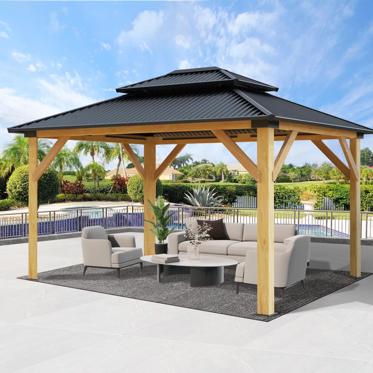 11' x 13' Hardtop Galvanized Steel Wood Gazebo H689