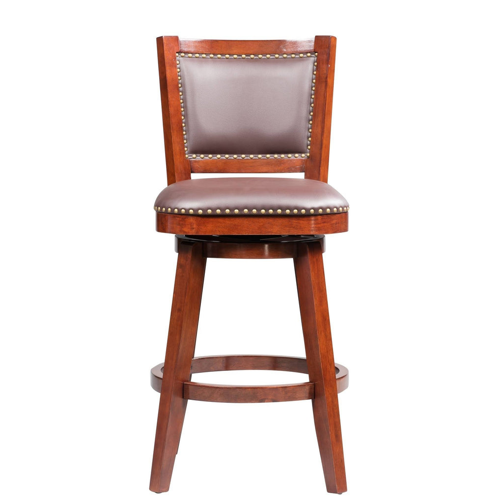 Cherry Brown Swivel Bar Stool with Curved Padded Back and Nailhead Trim N85886
