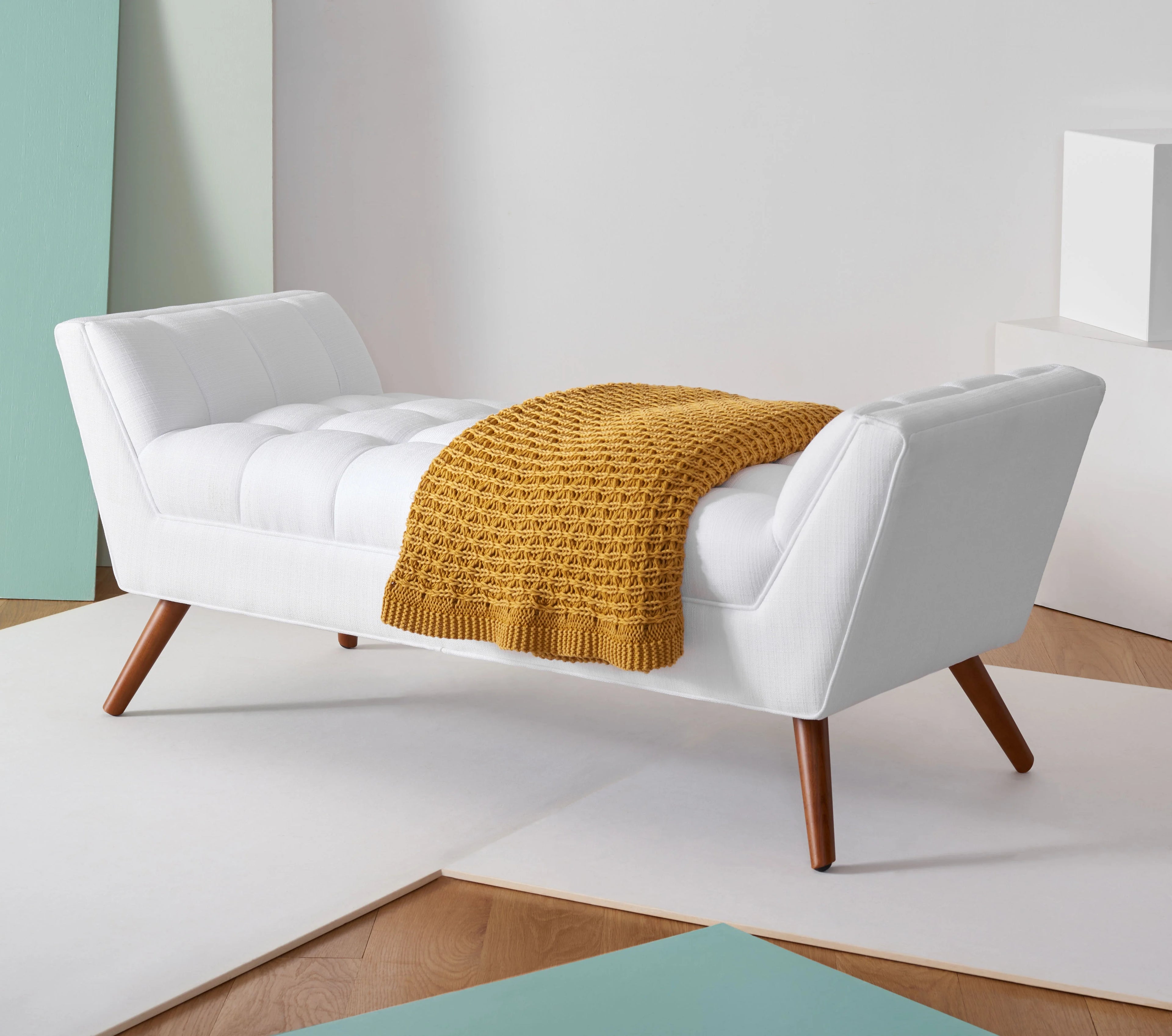 White Solid Tufted Linen Bench W7896