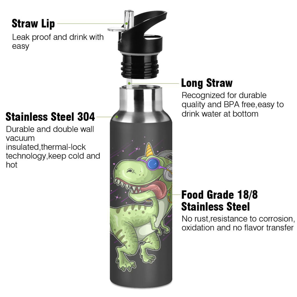 Green Dinosaur Black Stainless Steel Insulated Water Bottle with Straw Lid N513943