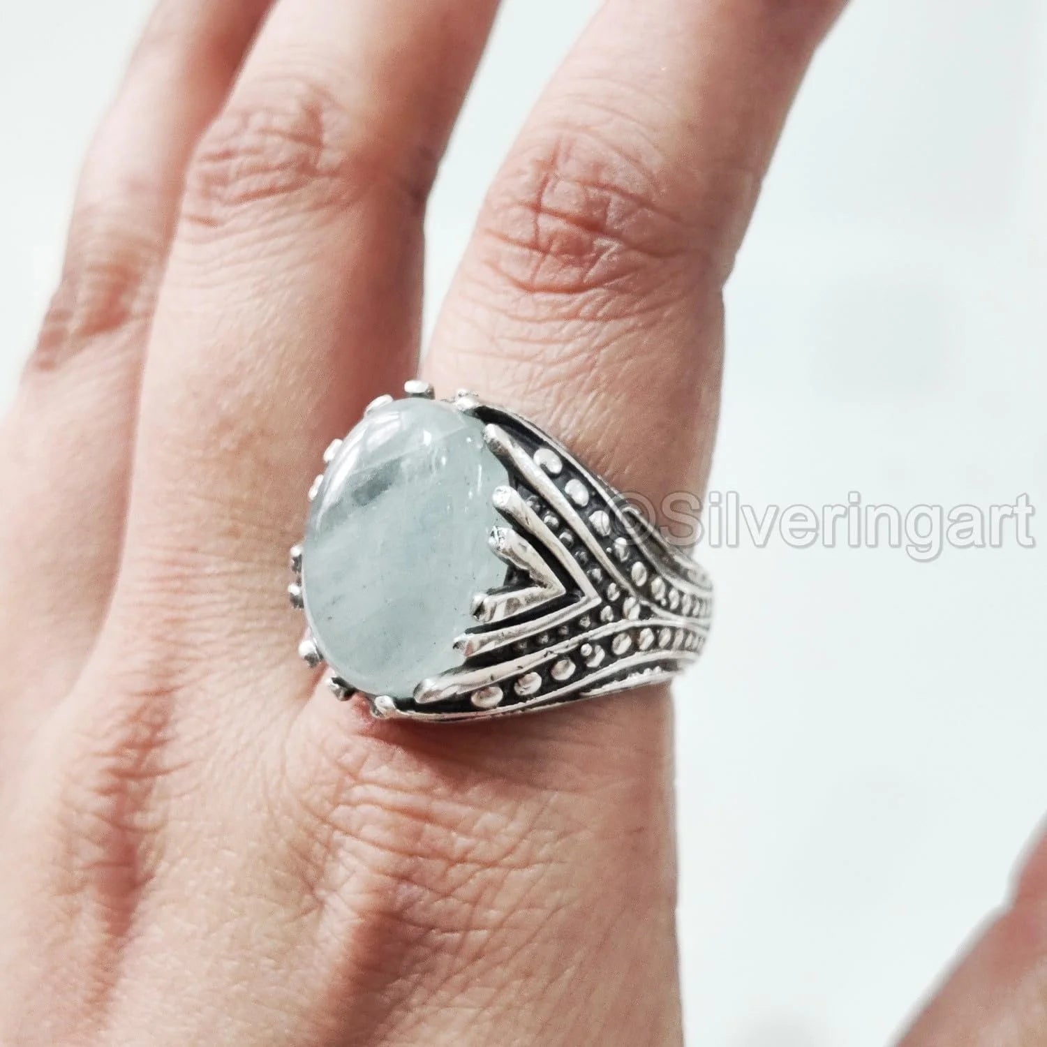 925 Silver Aquamarine Mens Ring S6082