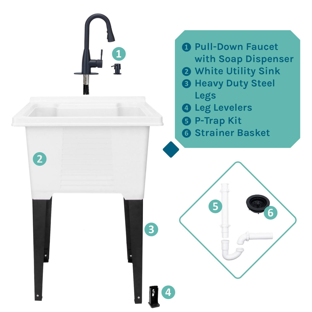 White Utility Sink with Black Pull-Down Faucet 18 Gallon C925
