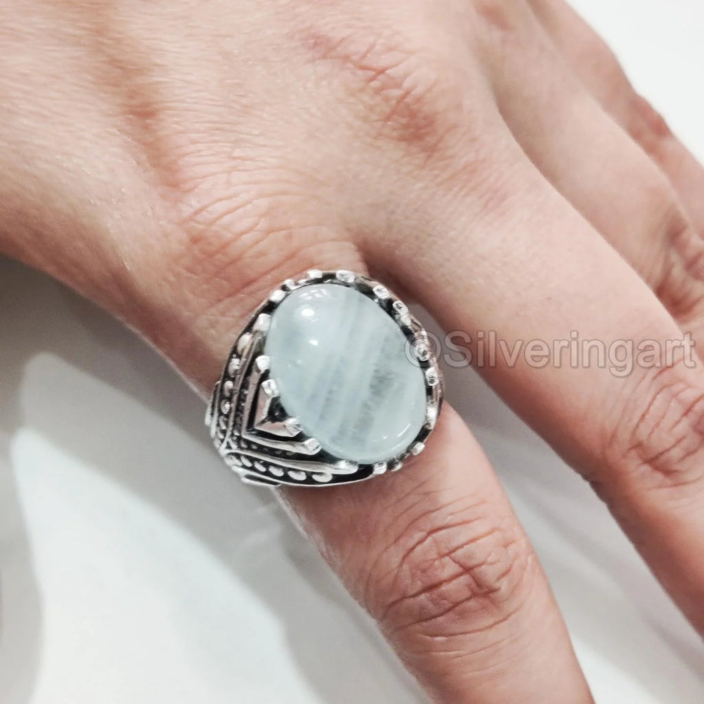 925 Silver Aquamarine Mens Ring S6082