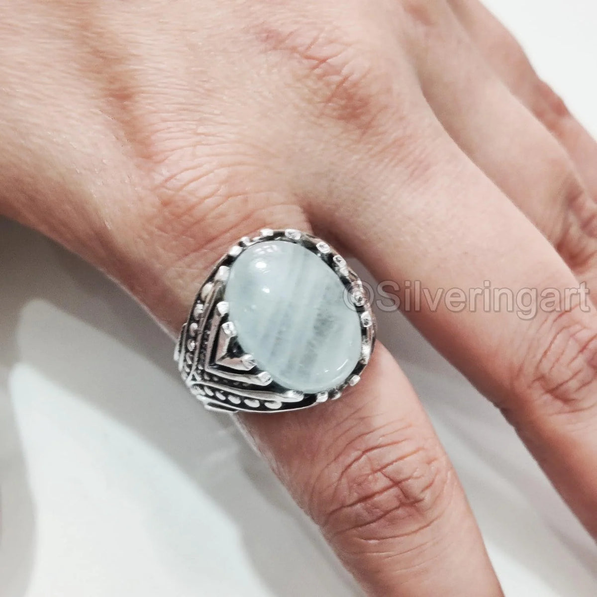 925 Silver Aquamarine Mens Ring S6082
