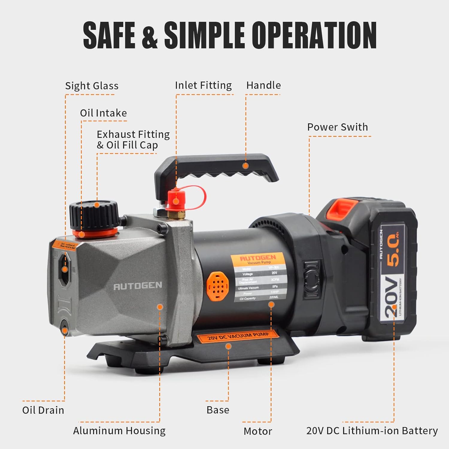 Single-Stage Vacuum Pump 3CFM 20V Lithium Battery DC Inverter 60 microns 1/4HP K288322