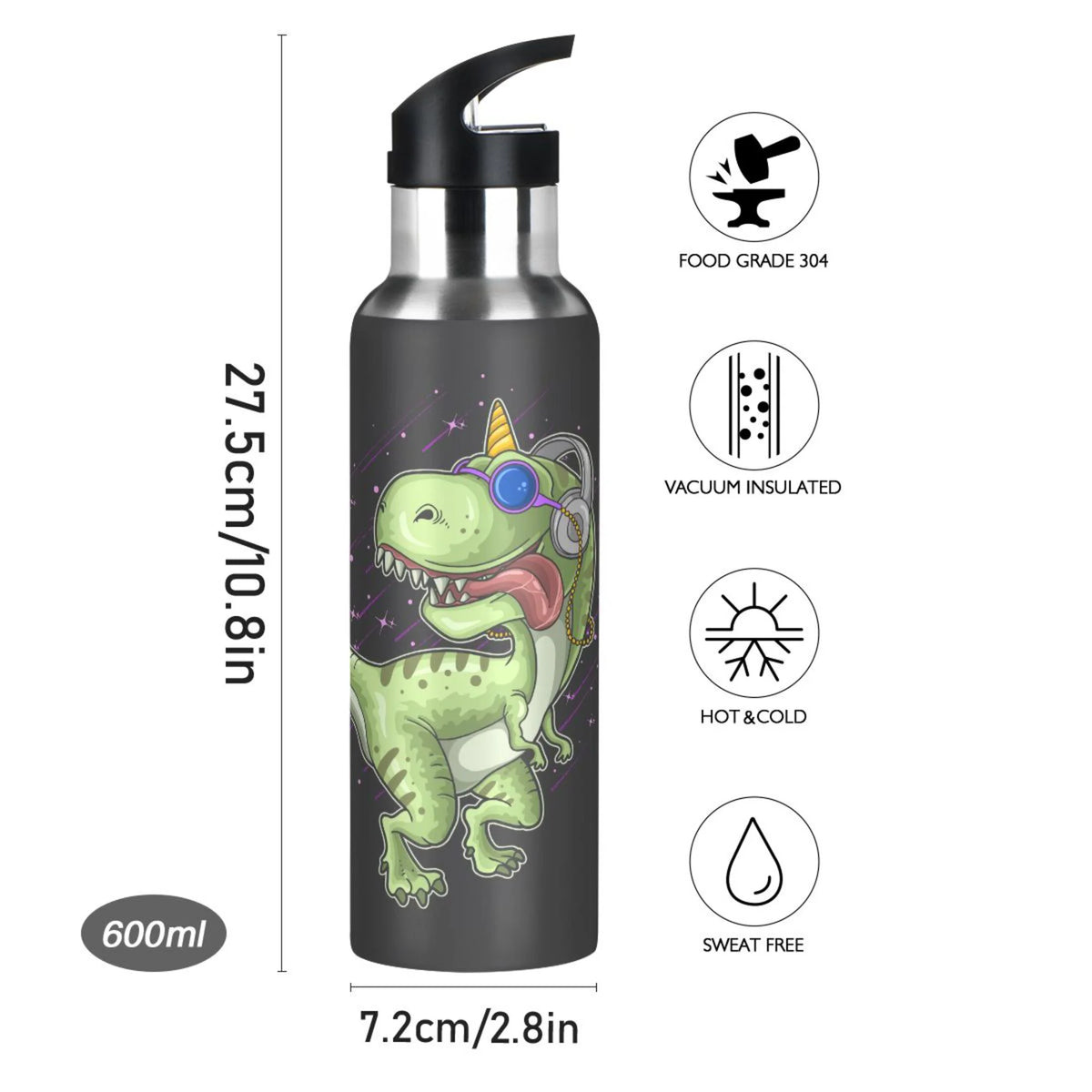 Green Dinosaur Black Stainless Steel Insulated Water Bottle with Straw Lid N513943