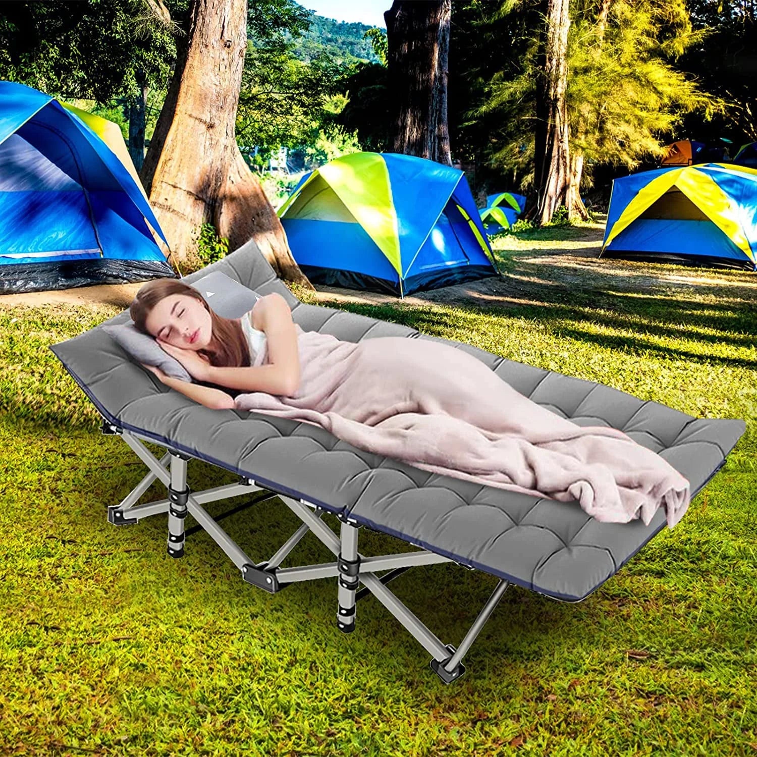 Folding Camping Cots with 2 Sided Mattress and Carry Bag Q285955