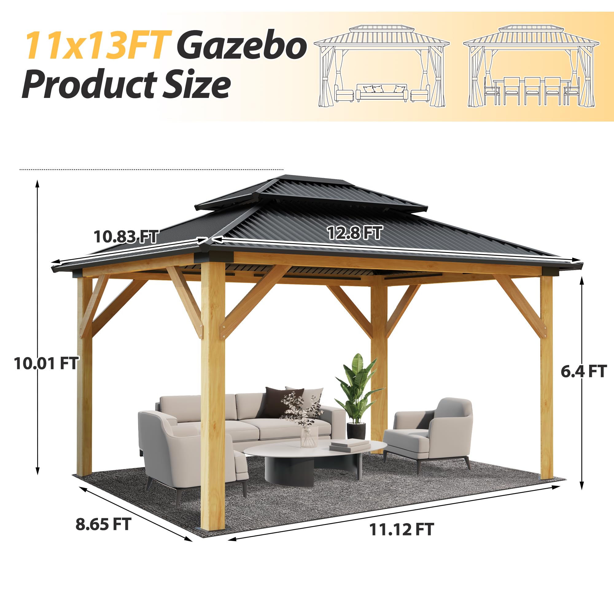 11' x 13' Hardtop Galvanized Steel Wood Gazebo H689