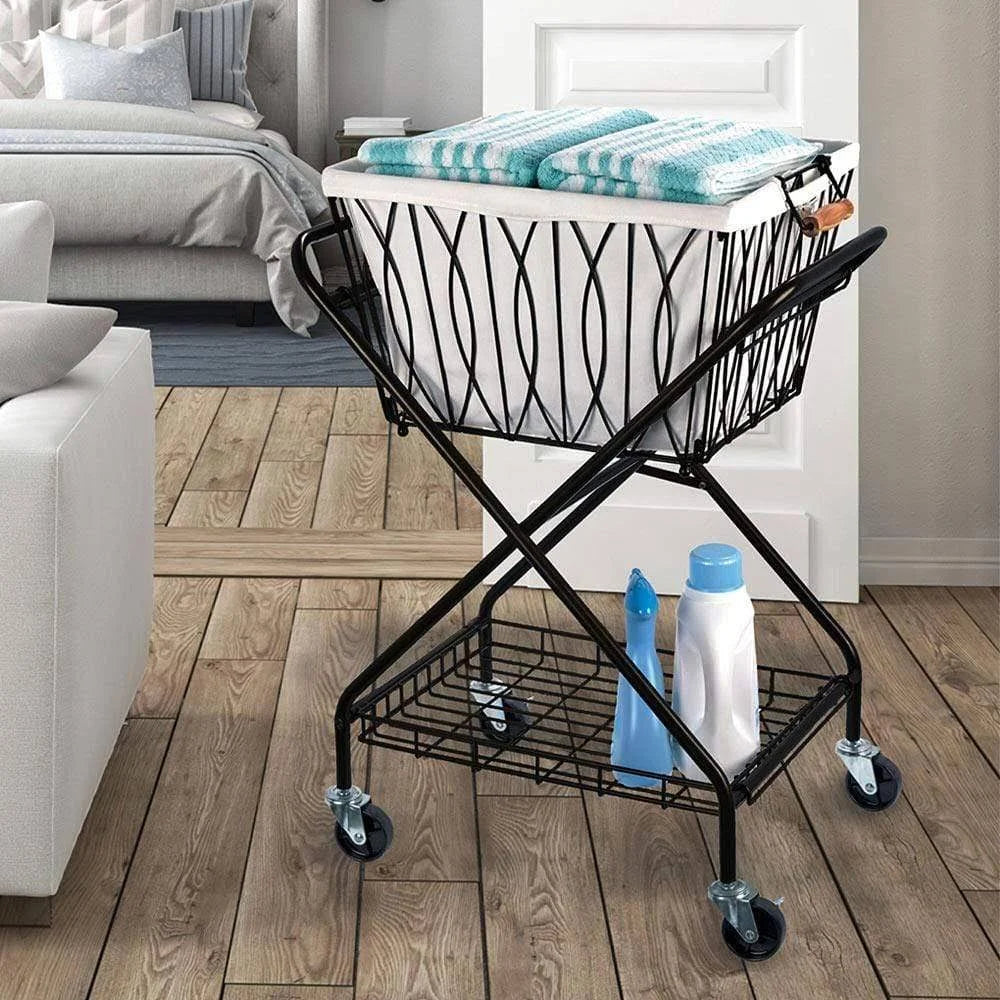 Black Collapsible Laundry Cart with Basket S4909