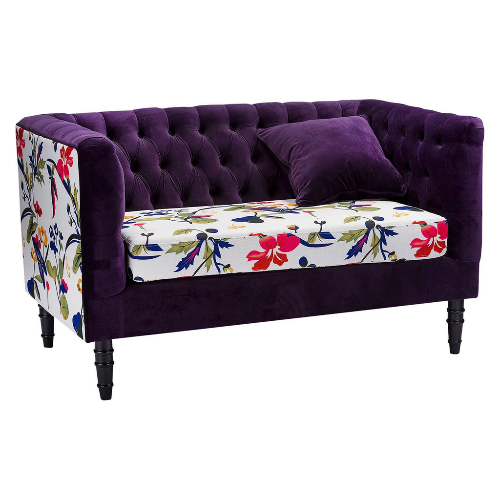 Purple Velvet and Beige Linen Floral Loveseat D4474