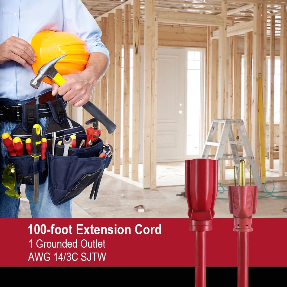 Red 100FT 14AWG 3 Prong Extension Cord U2917