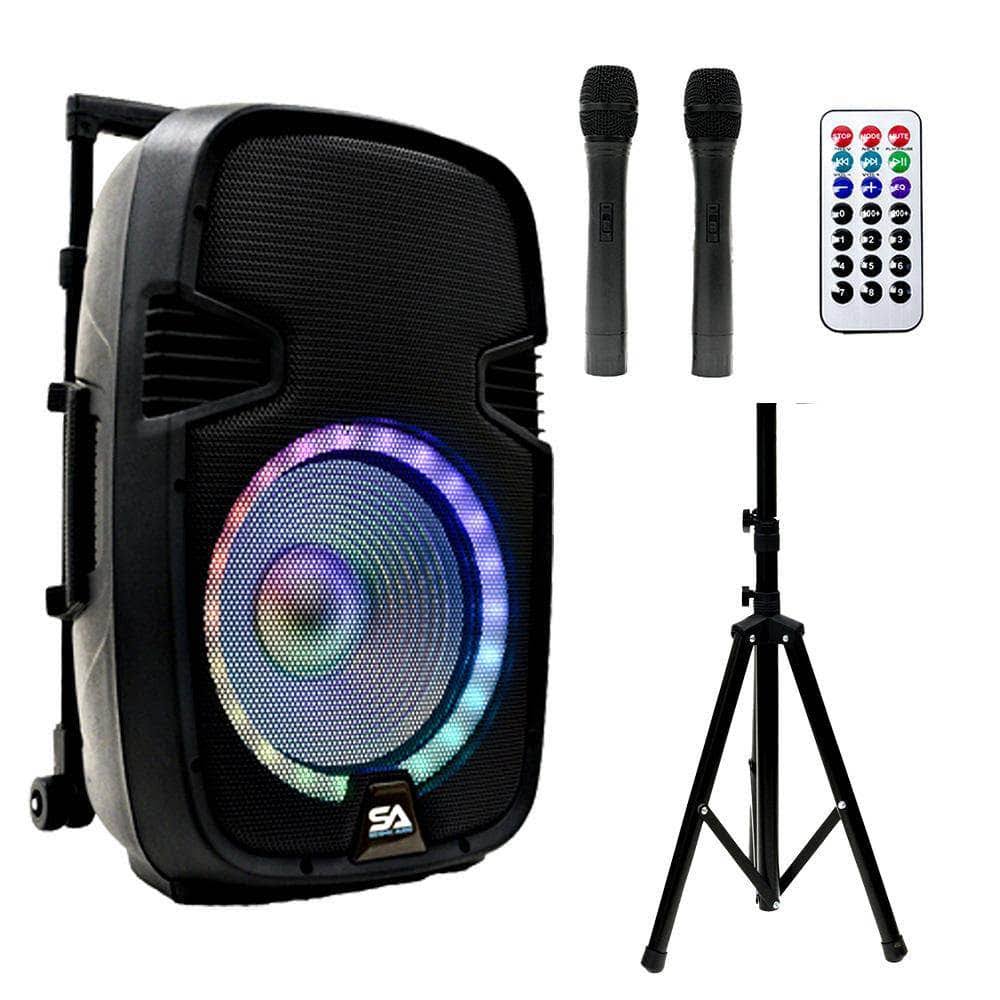 Powered 10 inch DJ Karaoke Speaker with Stand, Rechargeable Battery, Bluetooth, LED Lights, 2 Wireless Microphones P904857