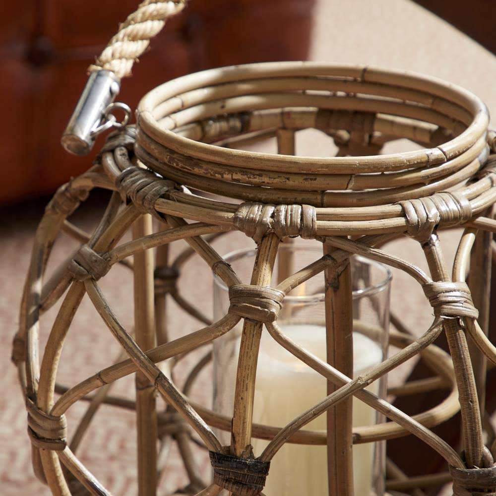 Round Brown Woven Rattan Lantern Candle with Glass Insert V16904