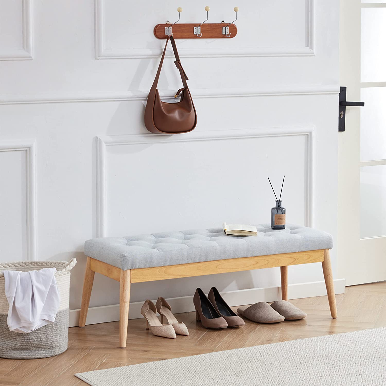 Grey Upholstered Tufted Wood Bench R555
