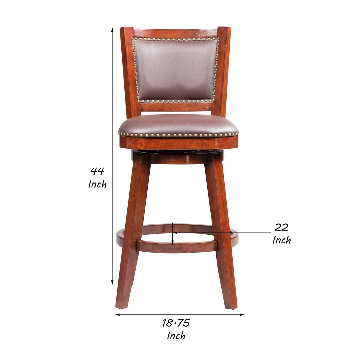 Cherry Brown Swivel Bar Stool with Curved Padded Back and Nailhead Trim N85886